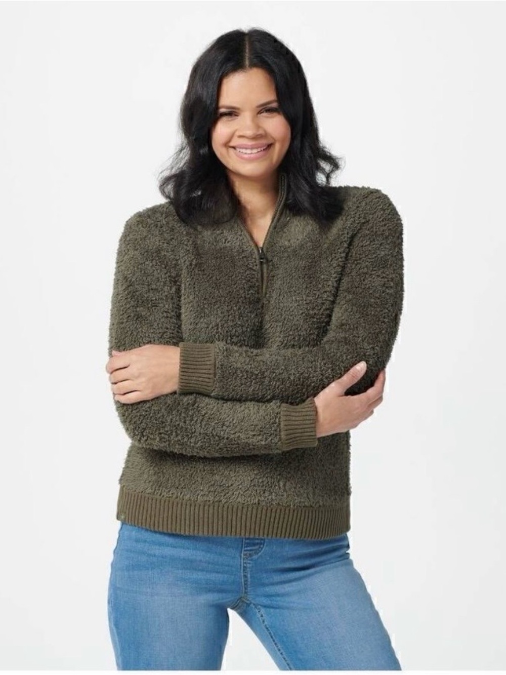 Barefoot Dreams CozyChic Shearling Half-Zip Olive Green Pullover Sweater Large